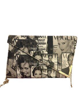 Vogue Magazine Print Crossbody Clutch Purse Black White Chain Strap Envelope Bag